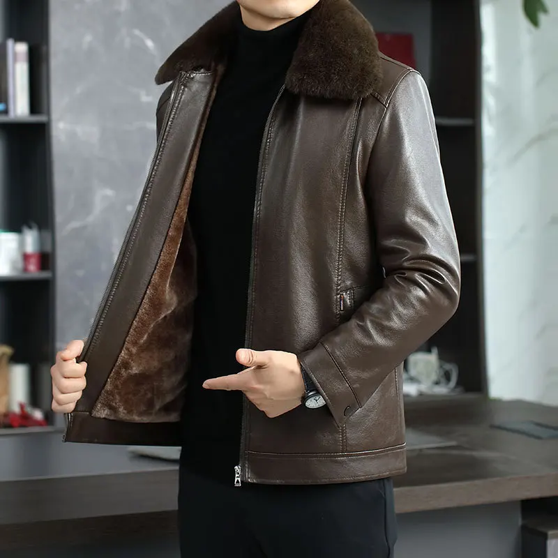 High-End Men's Winter Leather Jacket Thickened Fleece Lined Fur Integrated Business Gentleman Style Zipper Closure Casual Out... thumbnail 2