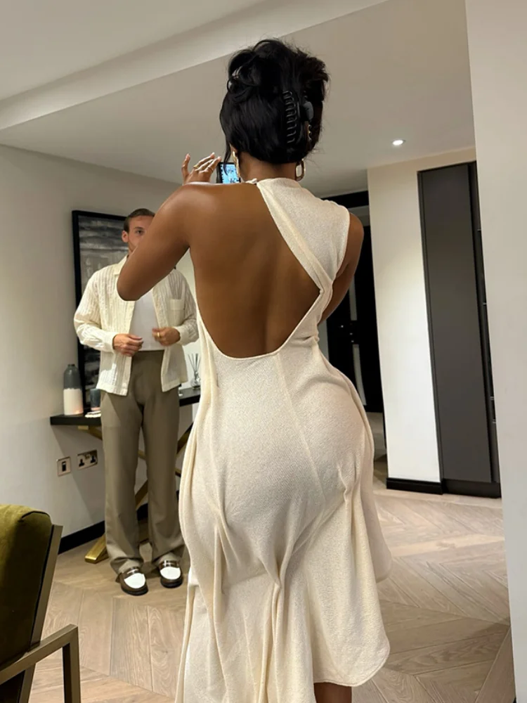 Women Fashion Pleated Irregular Slim Long Skirt Sexy Solid Backless Off-shoulder Dress New Dating Party Festival Club Prom Gown thumbnail 3