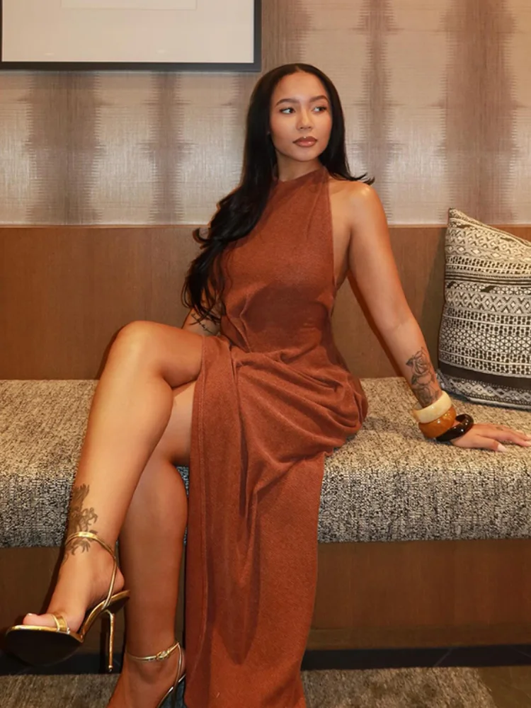 Women Fashion Pleated Irregular Slim Long Skirt Sexy Solid Backless Off-shoulder Dress New Dating Party Festival Club Prom Gown thumbnail 4