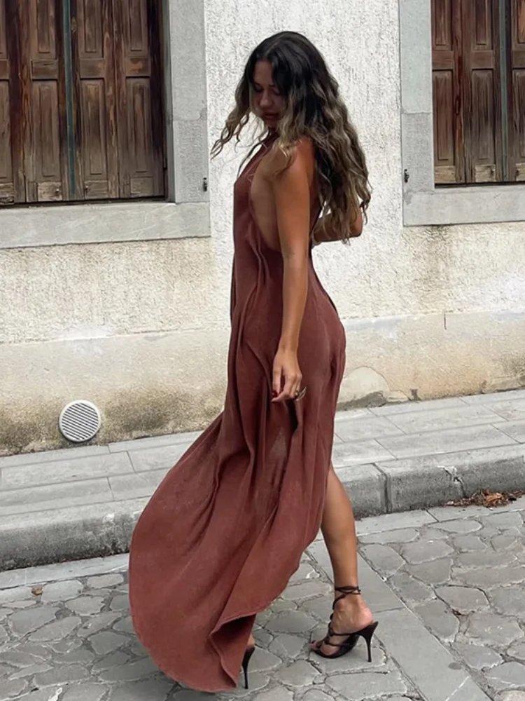 Women Fashion Pleated Irregular Slim Long Skirt Sexy Solid Backless Off-shoulder Dress New Dating Party Festival Club Prom Gown thumbnail 6