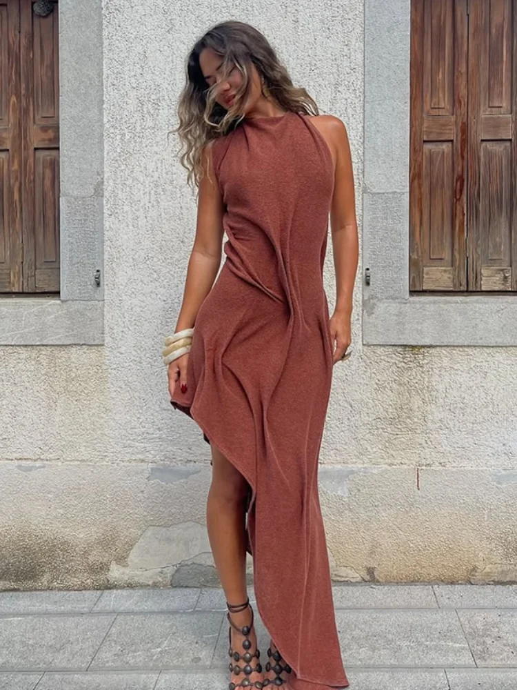 Women Fashion Pleated Irregular Slim Long Skirt Sexy Solid Backless Off-shoulder Dress New Dating Party Festival Club Prom Gown thumbnail 5