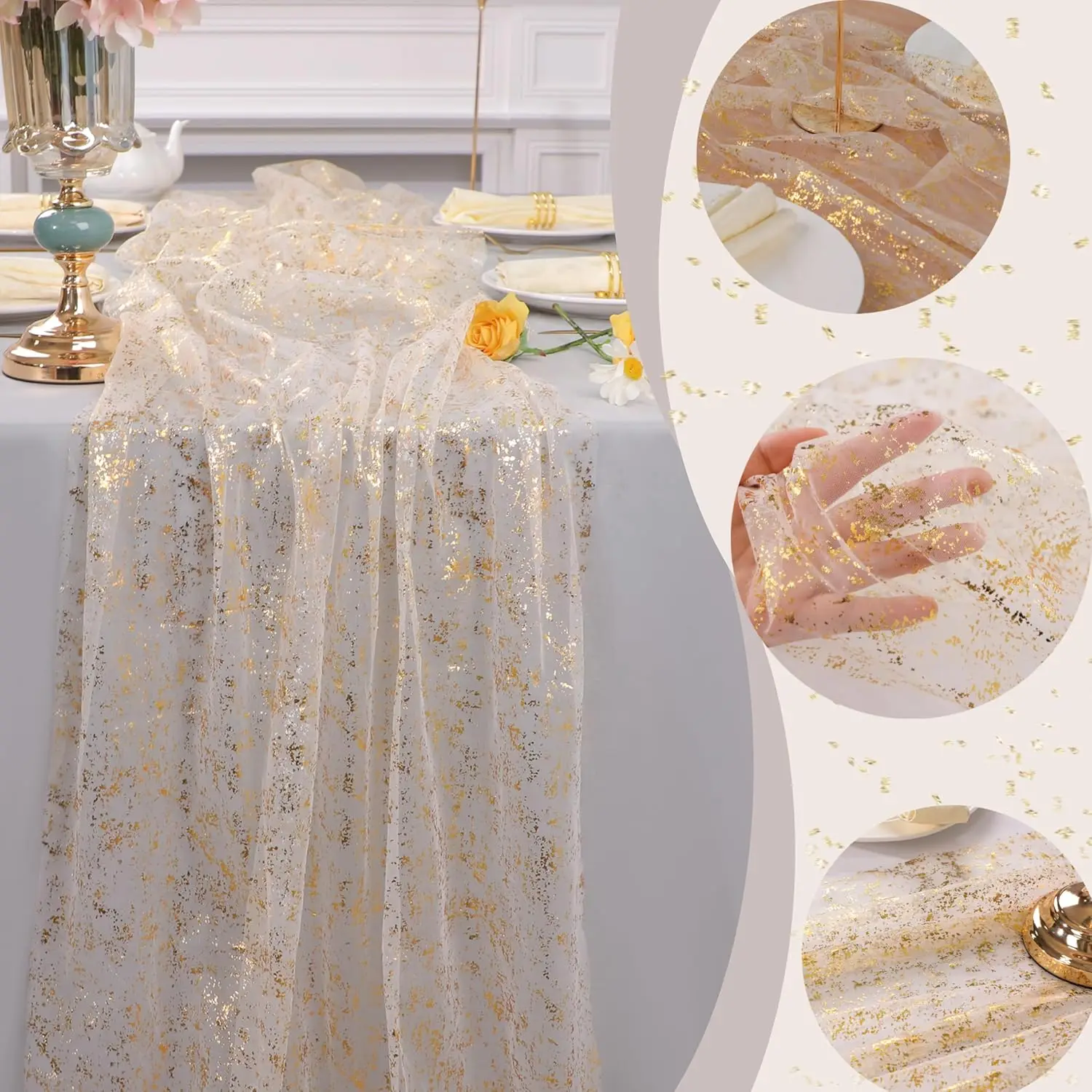 70CM*300CM Golden Table Runner Glitter Metallic Foil Sheer Dining Wedding Anniversary Holiday Birthday Table Decor Home Party thumbnail 3