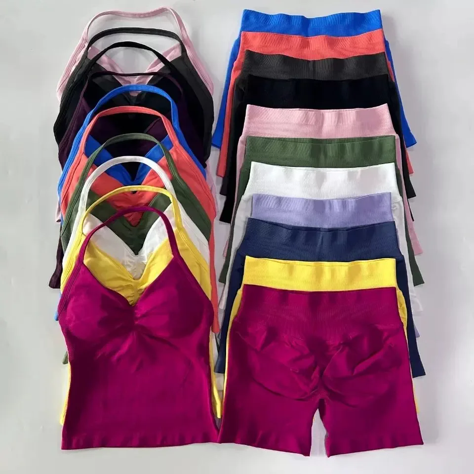 Sexy Halter Neck Beautiful Back High Waist Peach Sports Bras Shorts Suit Pilates Gathering Yoga Vest Training Fitness Bra Sets thumbnail 3