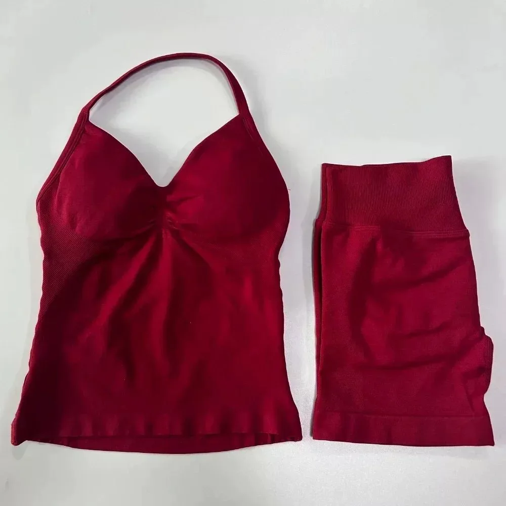 Sexy Halter Neck Beautiful Back High Waist Peach Sports Bras Shorts Suit Pilates Gathering Yoga Vest Training Fitness Bra Sets thumbnail 6