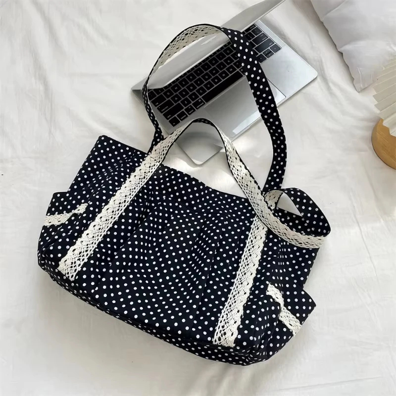 Korean Polka Dot Shoulder Bag For Women Retro Fashion Large Capacity Tote Bag Literary Work Commute Versatile Canvas Handbag thumbnail 3