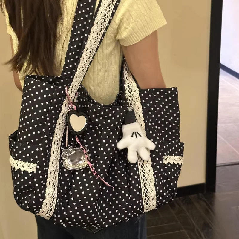 Korean Polka Dot Shoulder Bag For Women Retro Fashion Large Capacity Tote Bag Literary Work Commute Versatile Canvas Handbag thumbnail 6
