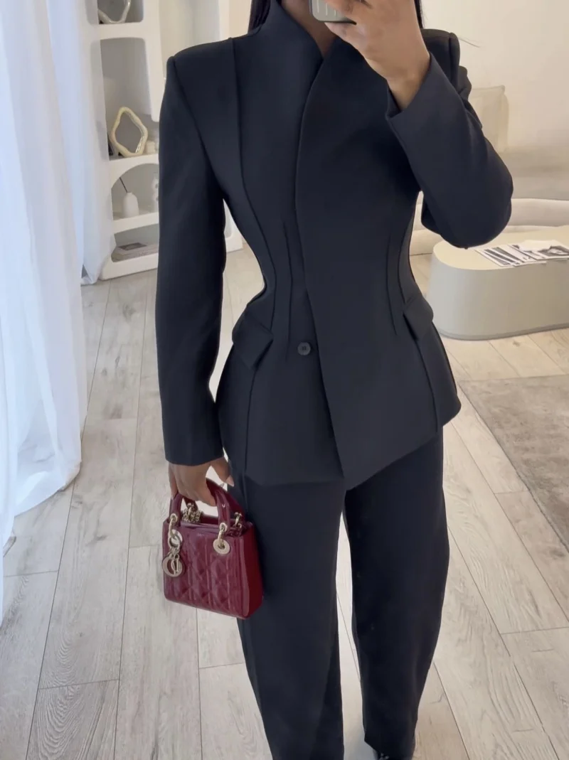 ETJ 2025 women's new fashion design three-dimensional cut high collar slim suit jacket & matching casual trousers thumbnail 4