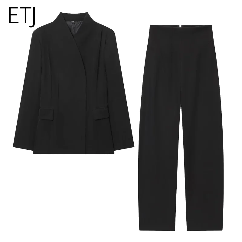 ETJ 2025 women's new fashion design three-dimensional cut high collar slim suit jacket & matching casual trousers thumbnail 2