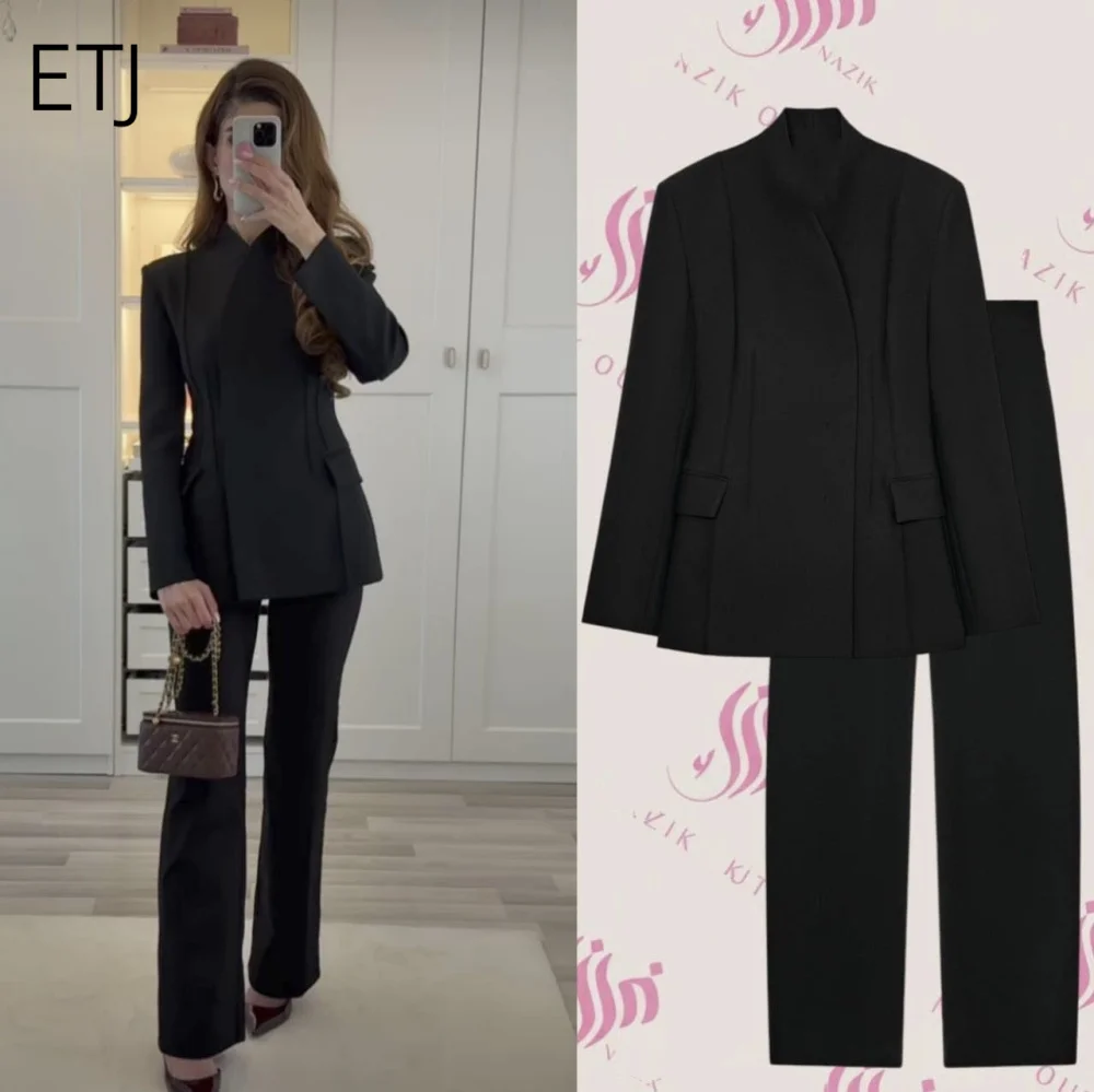 ETJ 2025 women's new fashion design three-dimensional cut high collar slim suit jacket & matching casual trousers thumbnail 3
