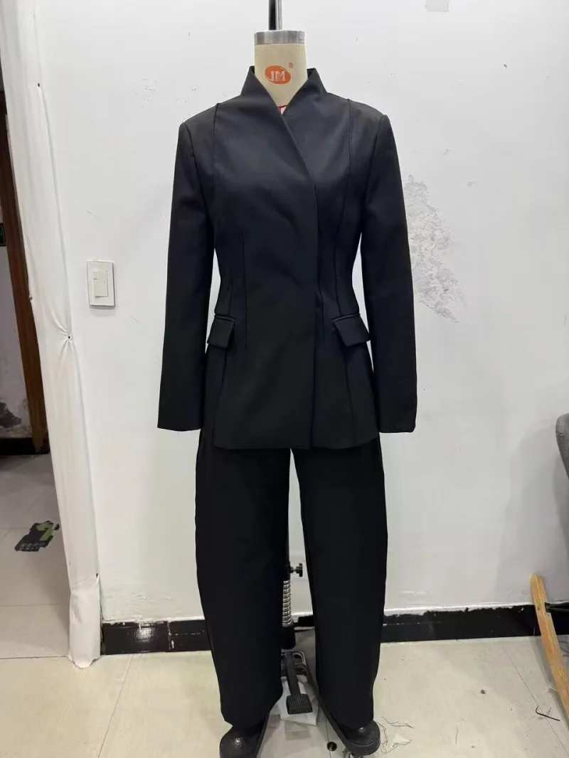 ETJ 2025 women's new fashion design three-dimensional cut high collar slim suit jacket & matching casual trousers thumbnail 5