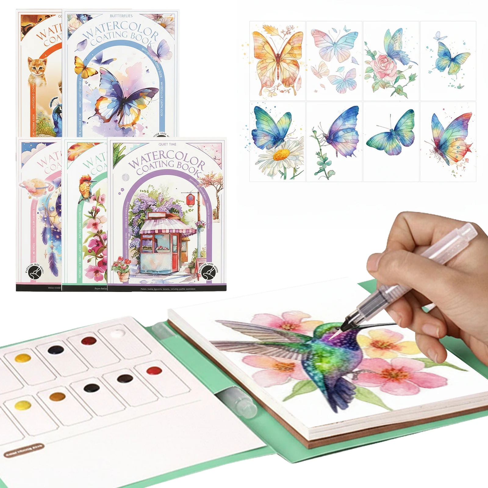 1Set Watercolor Coloring Book Paint Set with 12 Colors Paint Cakes and Brush Painting Pad Gift for Adults Beginners Art Supplies