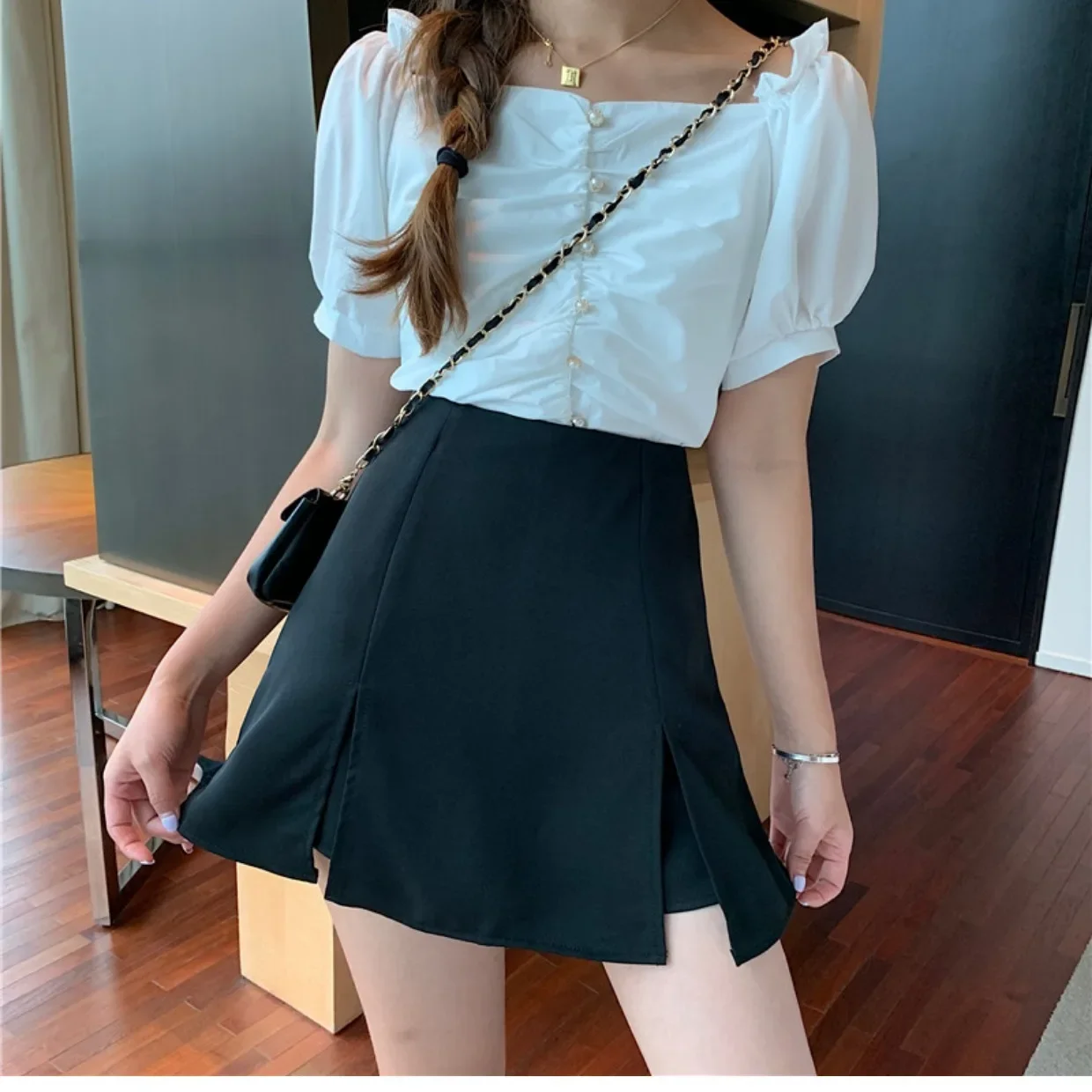 High-waisted A-line Mini Dress Women's Two-sided Slit Skirt Versatile Waist-length Summer New Arrival thumbnail 3