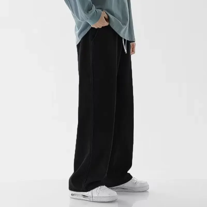 Light Wash Men's Drawstring Jeans Loose Straight Leg Floor-Length Trendy Casual Wide Leg Long Trousers Comfortable Fit thumbnail 3