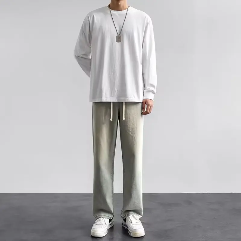 Light Wash Men's Drawstring Jeans Loose Straight Leg Floor-Length Trendy Casual Wide Leg Long Trousers Comfortable Fit thumbnail 4