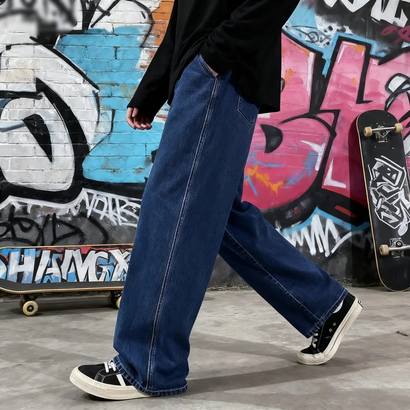 Light Wash Men's Drawstring Jeans Loose Straight Leg Floor-Length Trendy Casual Wide Leg Long Trousers Comfortable Fit thumbnail 2