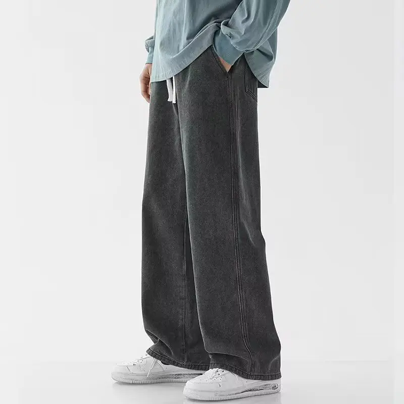 Light Wash Men's Drawstring Jeans Loose Straight Leg Floor-Length Trendy Casual Wide Leg Long Trousers Comfortable Fit thumbnail 5