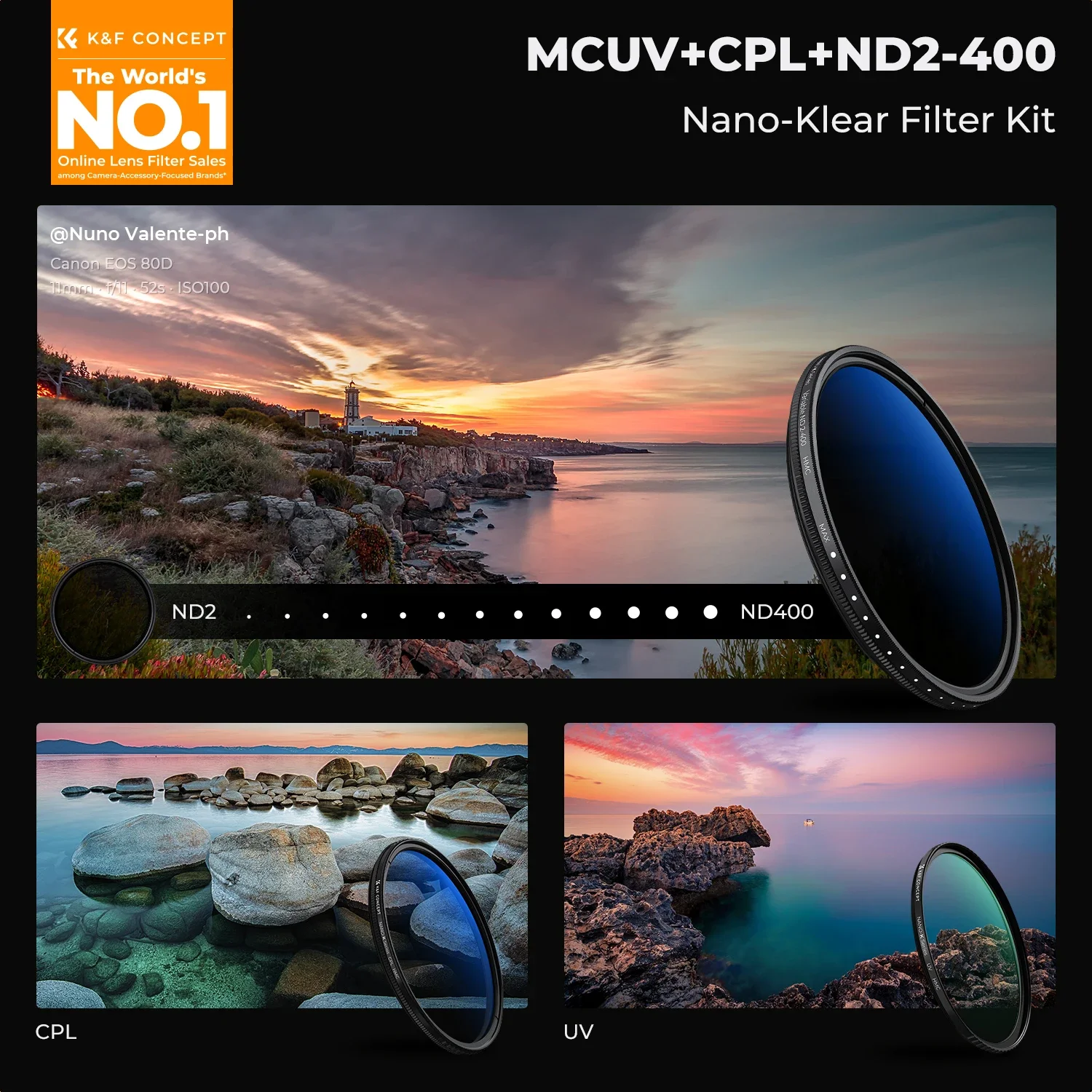 K&F CONCEPT K Series 49-82mm Filters UV/CPL/ND2-400/Black-Mist 1/4 Cap Clean Cloths Camera Lens Filter Set for Nikon Canon Leica thumbnail 2