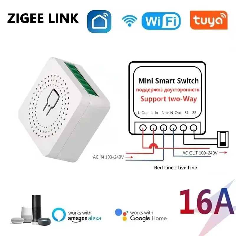 Tuya 16A WiFi Mini Smart Switch DIY 2-Way Control Module Automation Timing Voice Control Smart Home Work with Alexa Google Alice