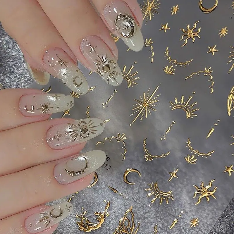 3D Bronzing Gold Moon Star Nail Art Stickers Retro Bohemia Sun Moon Star Nails Designs Self-Adhesive 3D Luxury Nail Decorations