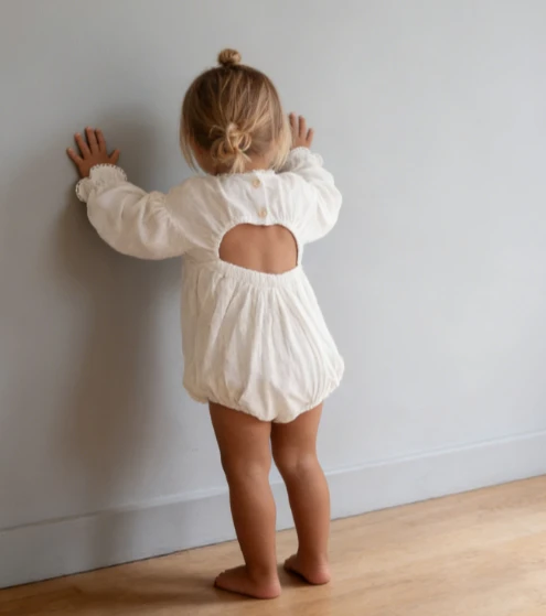 Baby Rompers 2025 Baby Clothes Nordic Baby Spring and Autumn Cotton and Linen Hollow Out Backless V-neck Lace Jumpsuit thumbnail 2