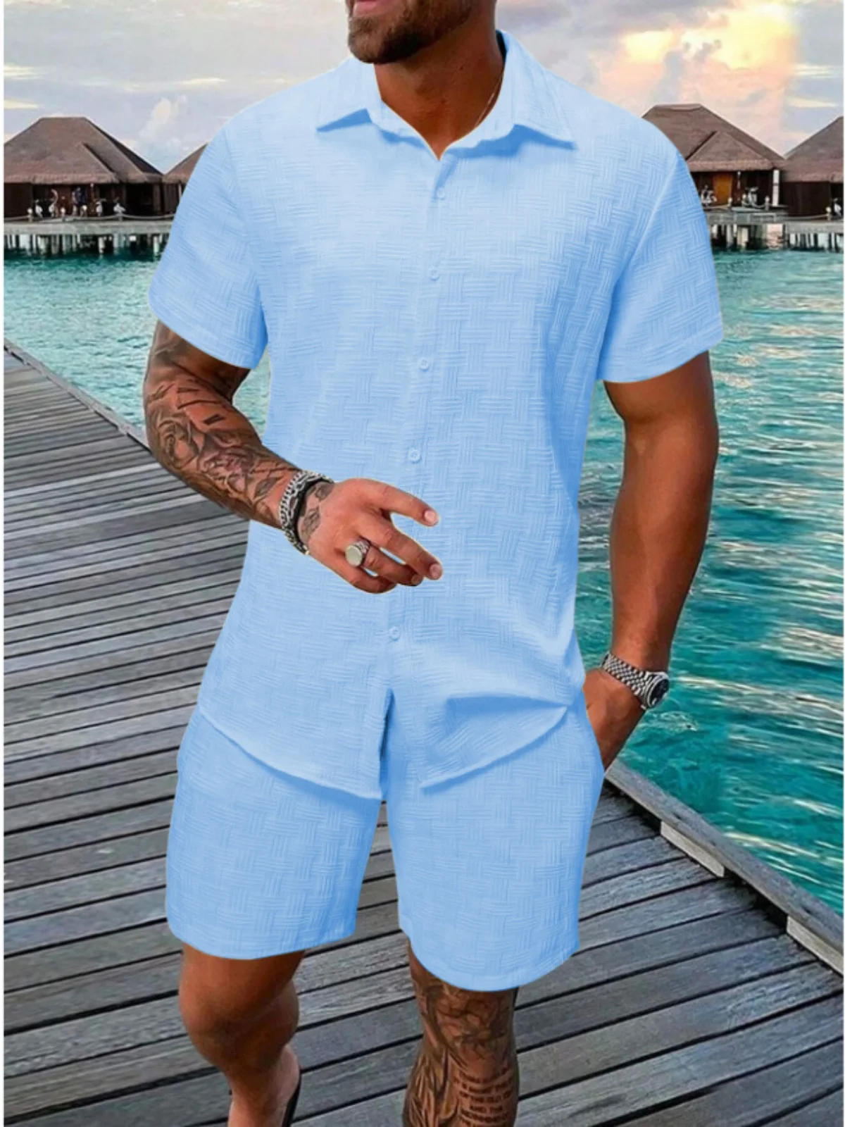 New Model Summer Men's Casual Beach Outfit Stylish Sporty Comfortable Shirt with Collar Short Sleeves Shorts Two-Piece Set thumbnail 5