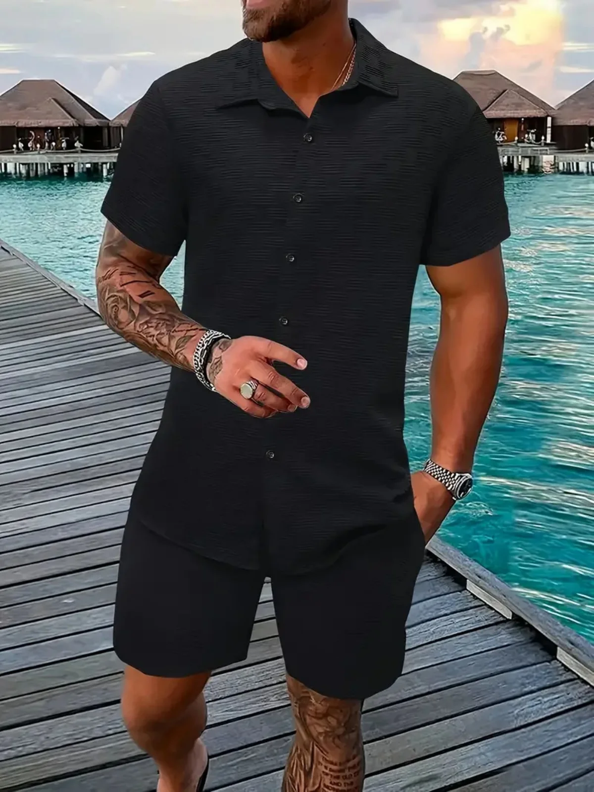 New Model Summer Men's Casual Beach Outfit Stylish Sporty Comfortable Shirt with Collar Short Sleeves Shorts Two-Piece Set thumbnail 3