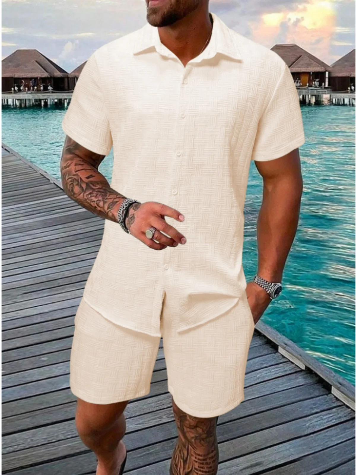 New Model Summer Men's Casual Beach Outfit Stylish Sporty Comfortable Shirt with Collar Short Sleeves Shorts Two-Piece Set thumbnail 6