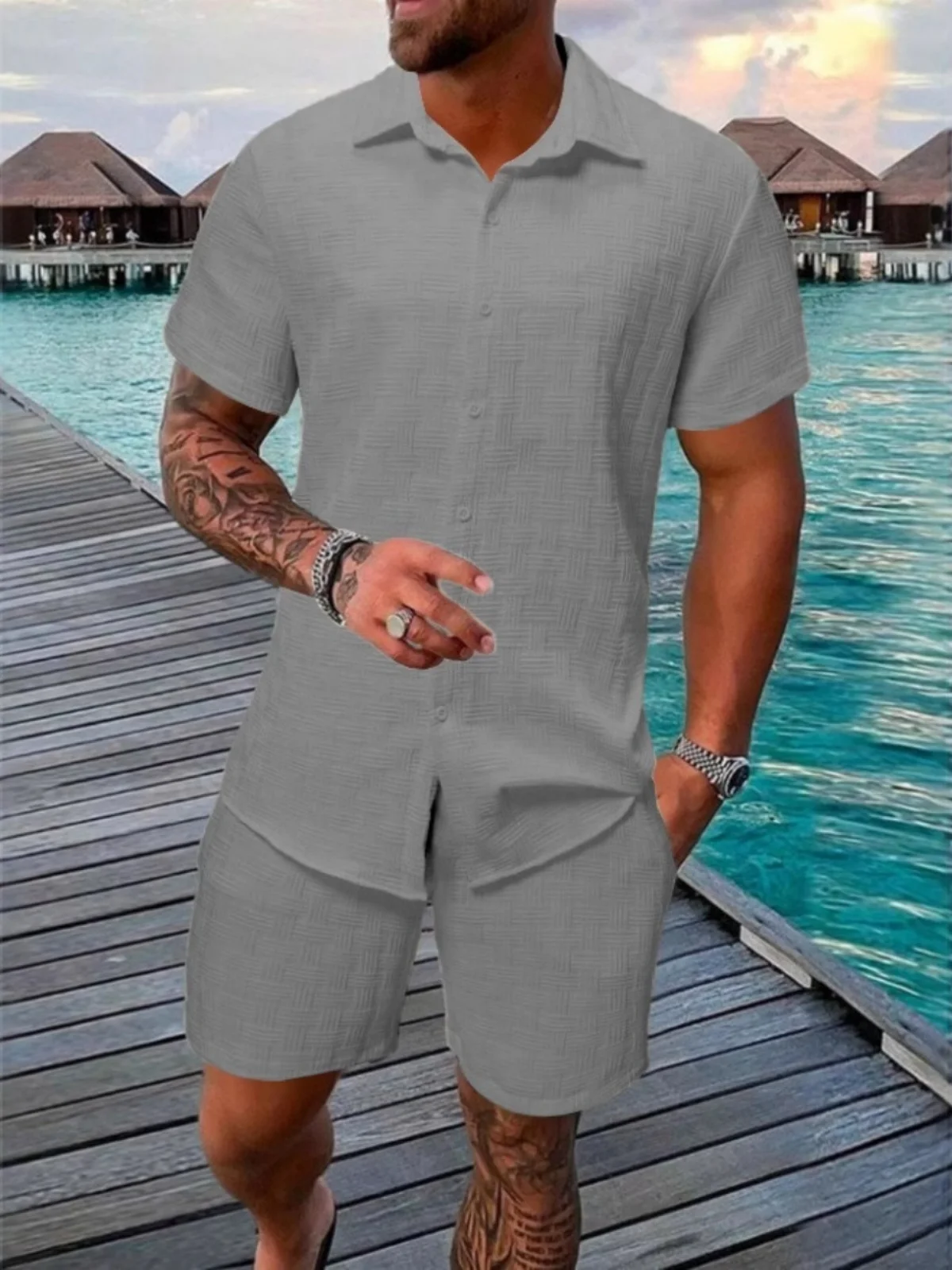 New Model Summer Men's Casual Beach Outfit Stylish Sporty Comfortable Shirt with Collar Short Sleeves Shorts Two-Piece Set thumbnail 4
