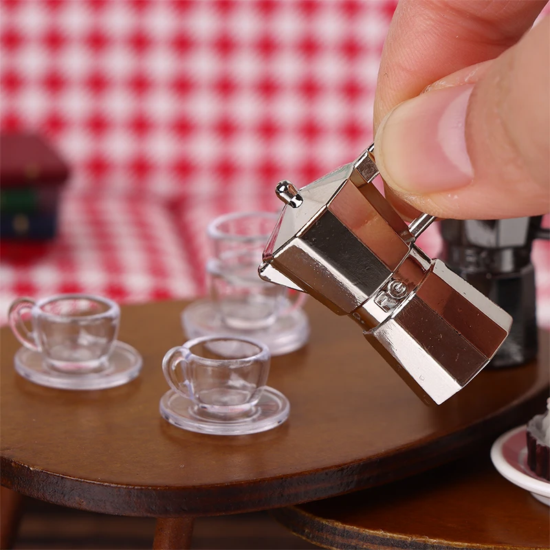 1Set 1:12 Dollhouse Miniature Coffee Pot Metal Kettle Moka Pot WIthink 2 Cup Tray Kitchen Model Decor Toy Doll House Accessories thumbnail 4