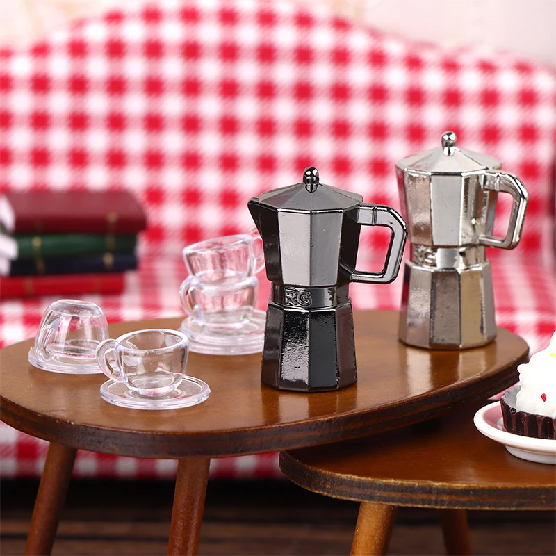 1Set 1:12 Dollhouse Miniature Coffee Pot Metal Kettle Moka Pot WIthink 2 Cup Tray Kitchen Model Decor Toy Doll House Accessories thumbnail 2