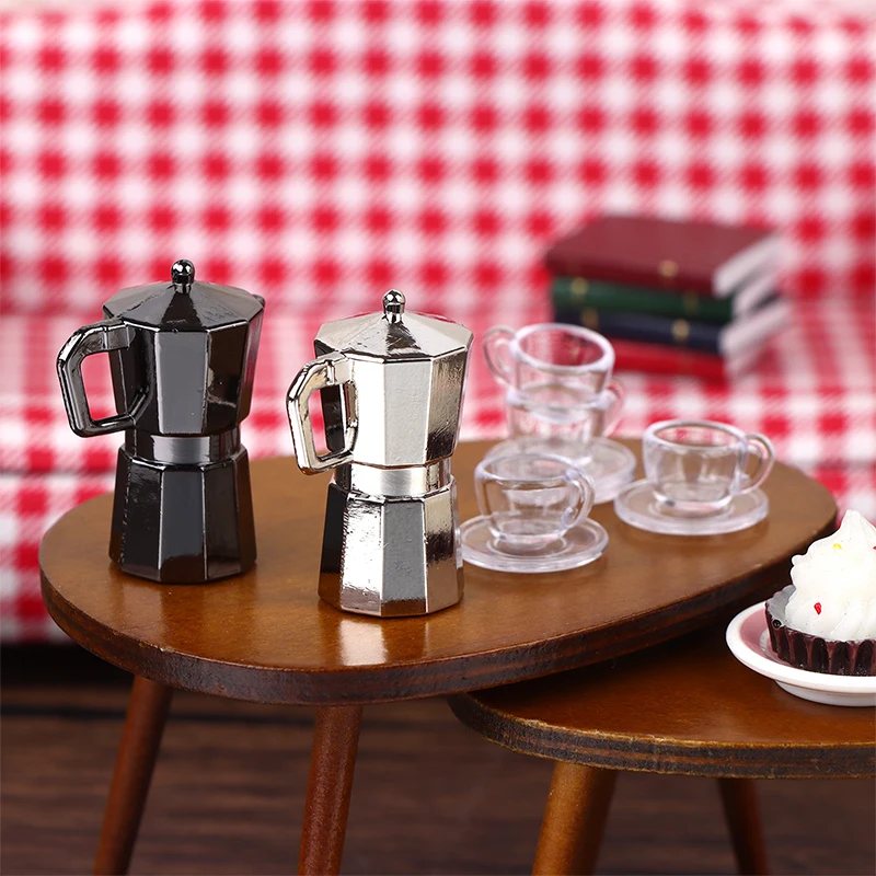 1Set 1:12 Dollhouse Miniature Coffee Pot Metal Kettle Moka Pot WIthink 2 Cup Tray Kitchen Model Decor Toy Doll House Accessories thumbnail 3