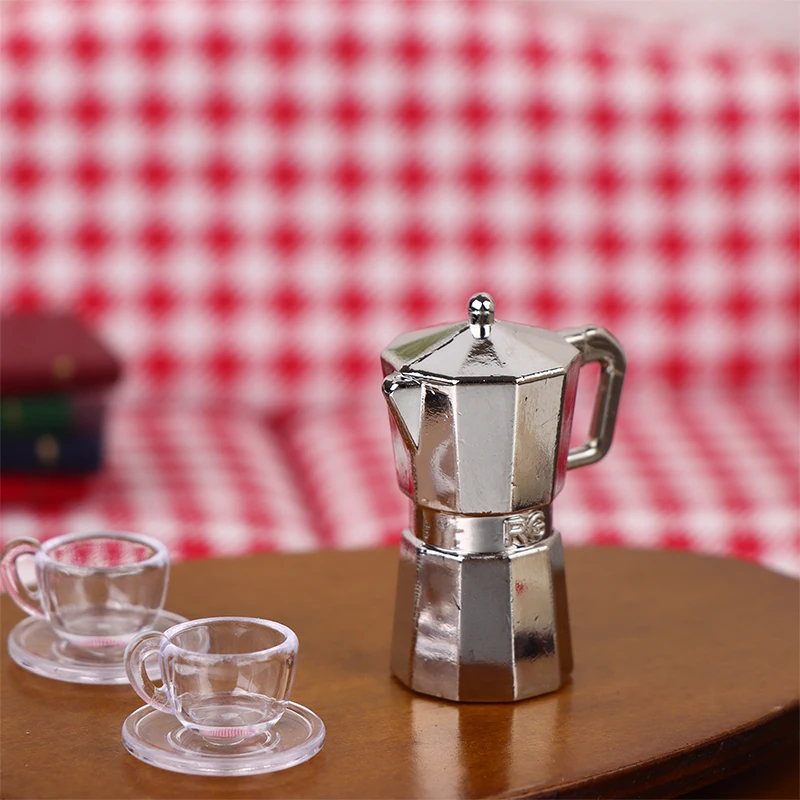 1Set 1:12 Dollhouse Miniature Coffee Pot Metal Kettle Moka Pot WIthink 2 Cup Tray Kitchen Model Decor Toy Doll House Accessories thumbnail 5