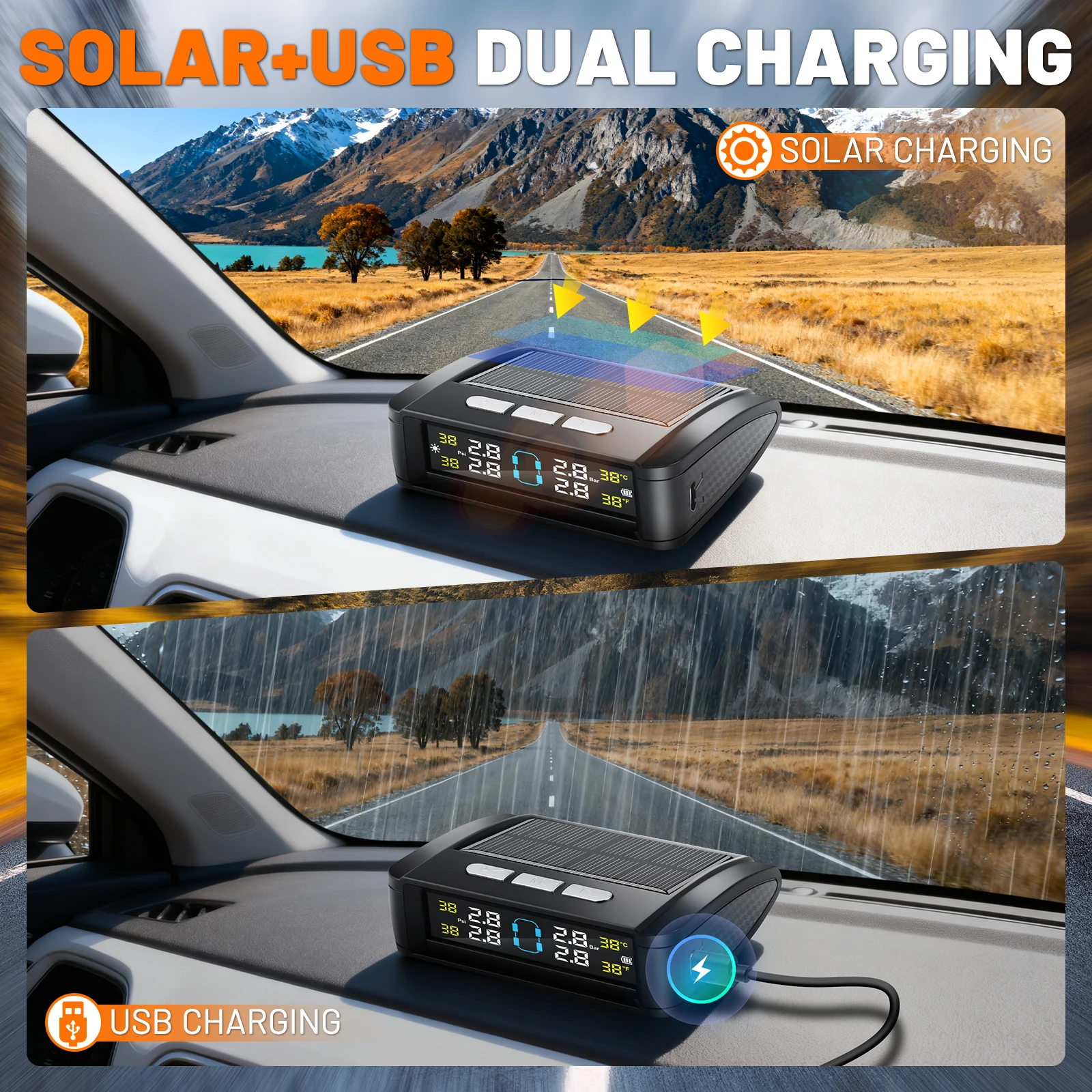 Tire Pressure Monitoring System With 4 internal sensor TPMS Solar Powered Digital LCD Display Car Security Alarm thumbnail 3