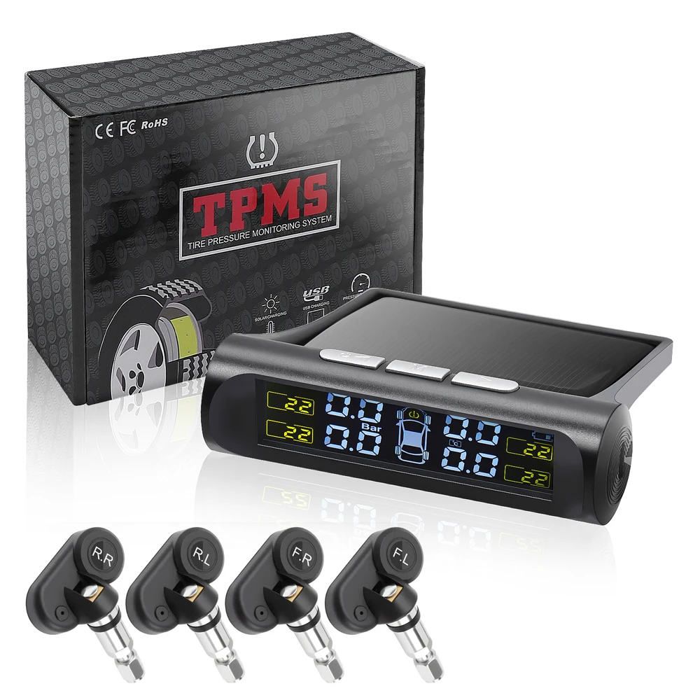Tire Pressure Monitoring System With 4 internal sensor TPMS Solar Powered Digital LCD Display Car Security Alarm thumbnail 2