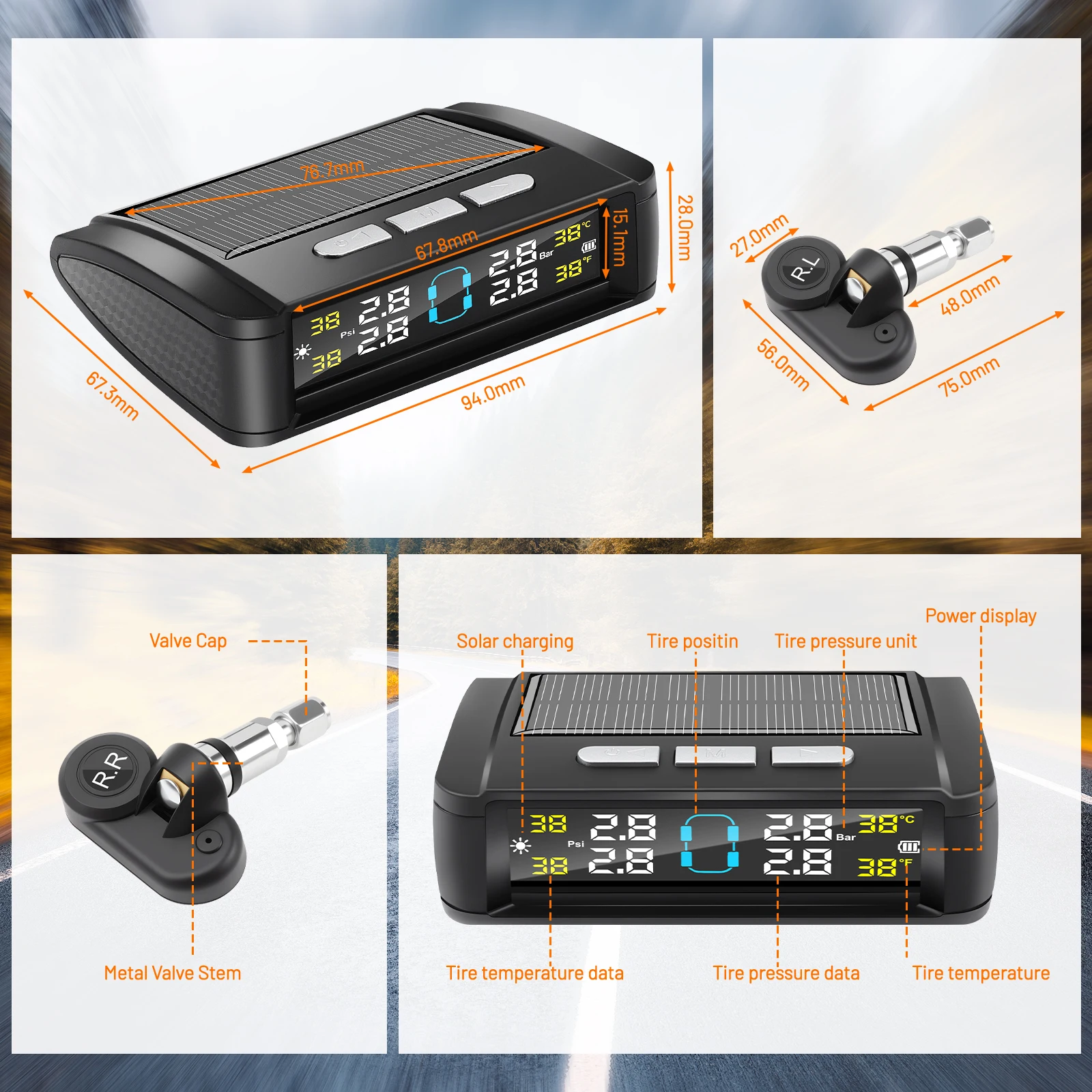 Tire Pressure Monitoring System With 4 internal sensor TPMS Solar Powered Digital LCD Display Car Security Alarm thumbnail 6