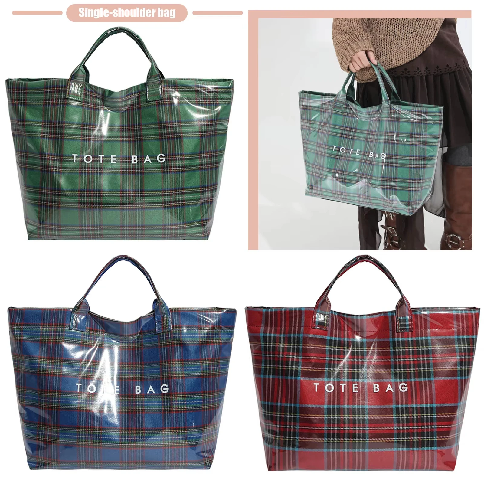 PVC Zipper Tote Bag Kraft Paper Beach Bag Hobo Style Carry All Travel Shopping Handbag Plastic Shoulder for Women Work & Travel
