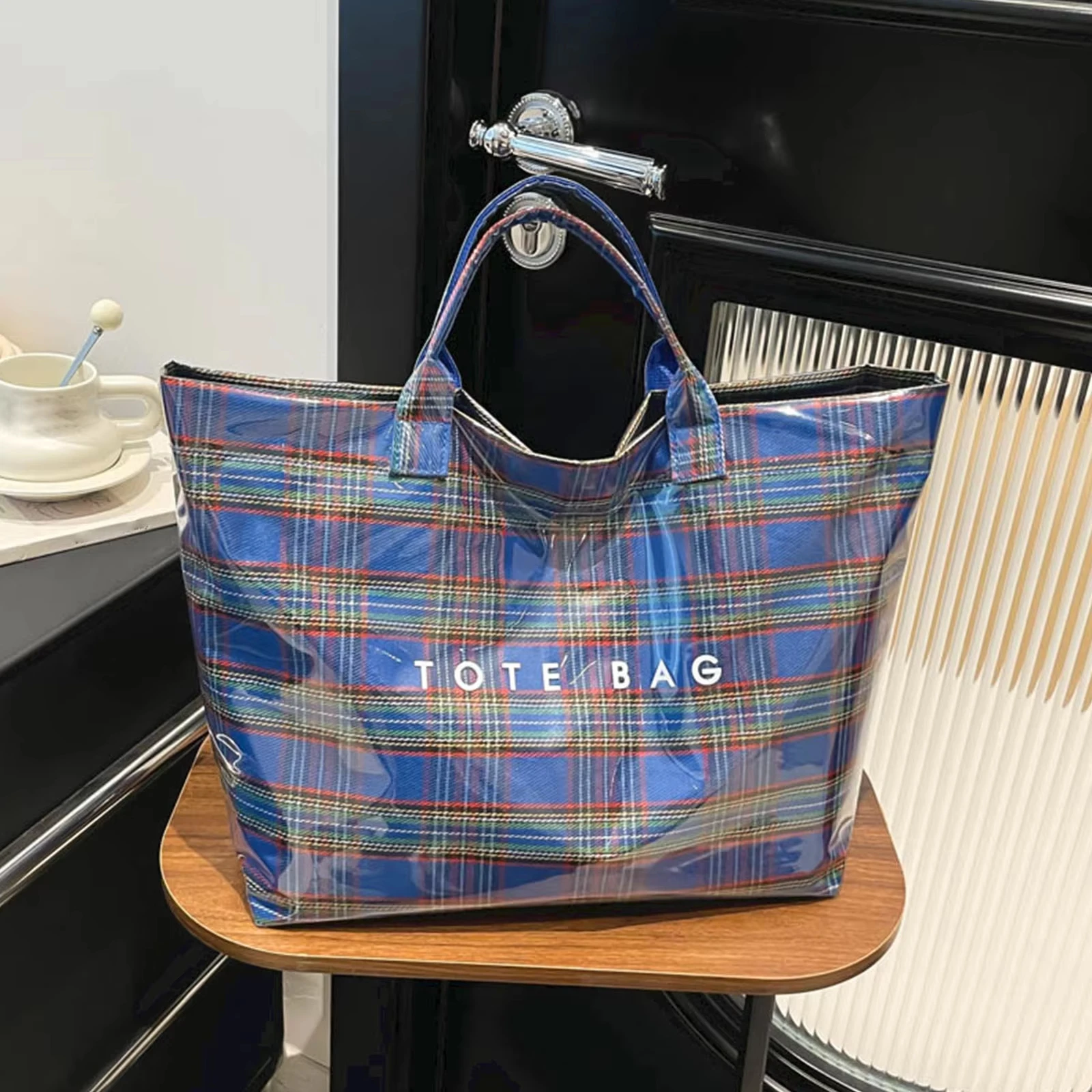 PVC Zipper Tote Bag Kraft Paper Beach Bag Hobo Style Carry All Travel Shopping Handbag Plastic Shoulder for Women Work & Travel thumbnail 5