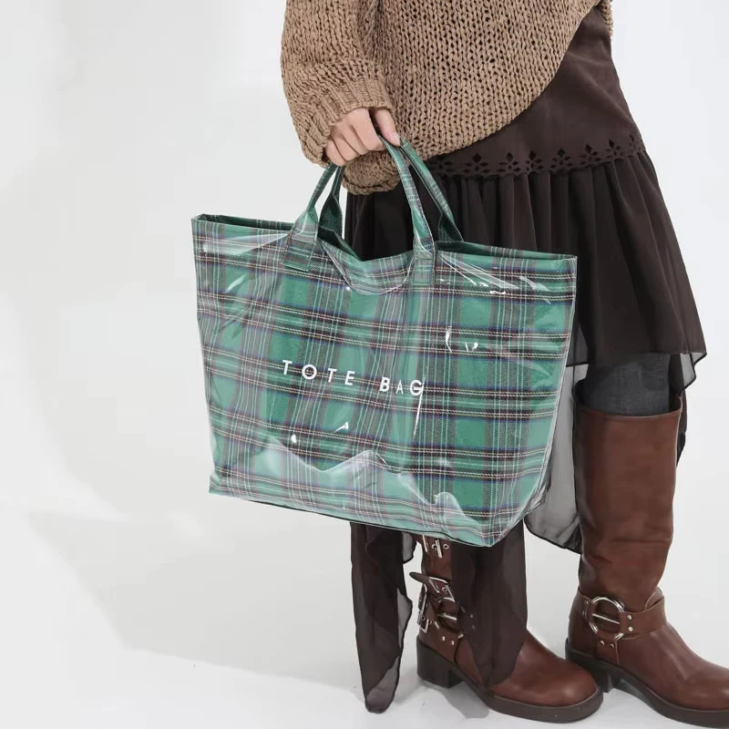 PVC Zipper Tote Bag Kraft Paper Beach Bag Hobo Style Carry All Travel Shopping Handbag Plastic Shoulder for Women Work & Travel thumbnail 4