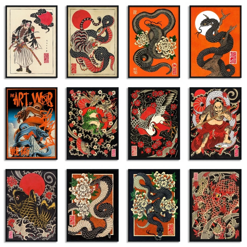 Japanese Samurai Art Poster Vintage Classic Print Canvas Painting Abstract Maximalism Wall Art Picture for Room Home Decoration