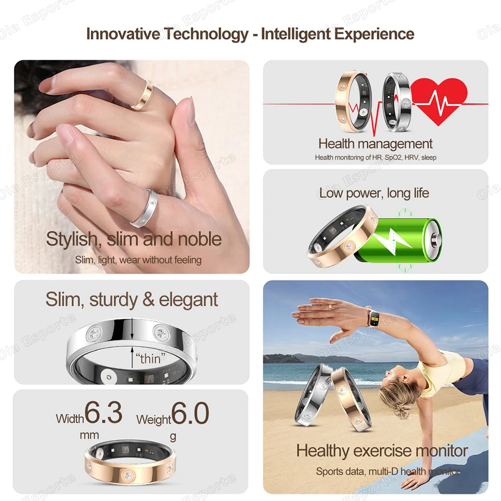 2026 Smart Ring Women Men Super narrow 6.3mm Heart Rate Stress measurement Health Monitoring IP68 Waterproof Fashion Sport Rings thumbnail 3