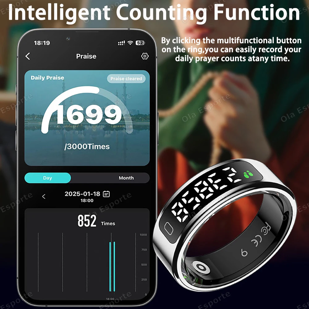 R11 Smart Ring with Display Screen and Touch, Zikr Tasbih Counter, With Charging Box, Health Manager,5ATM Waterproof For Android thumbnail 5