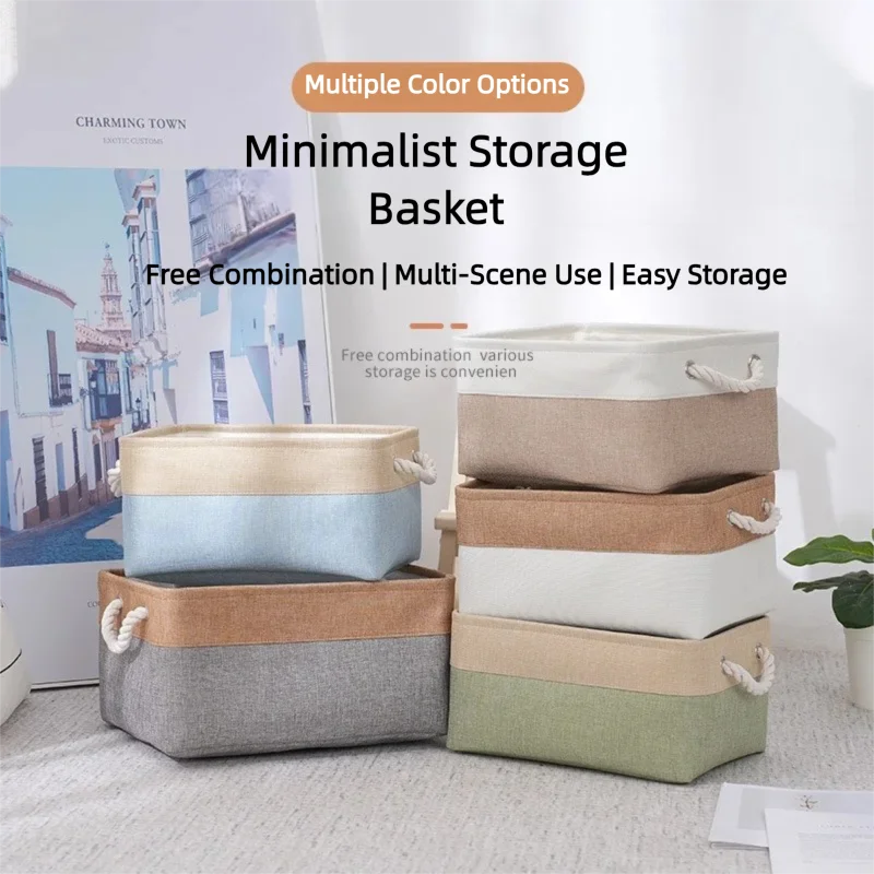 Fabric Storage Basket with Rope Handles, Cotton Linen Organizer Bin, Foldable Home Storage Box for Shelves & Closet