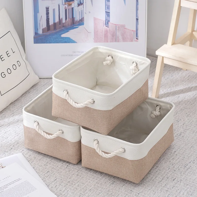 Fabric Storage Basket with Rope Handles, Cotton Linen Organizer Bin, Foldable Home Storage Box for Shelves & Closet thumbnail 4