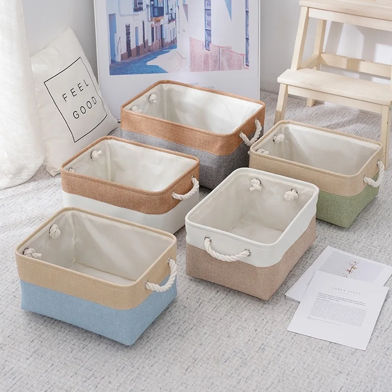 Fabric Storage Basket with Rope Handles, Cotton Linen Organizer Bin, Foldable Home Storage Box for Shelves & Closet thumbnail 2