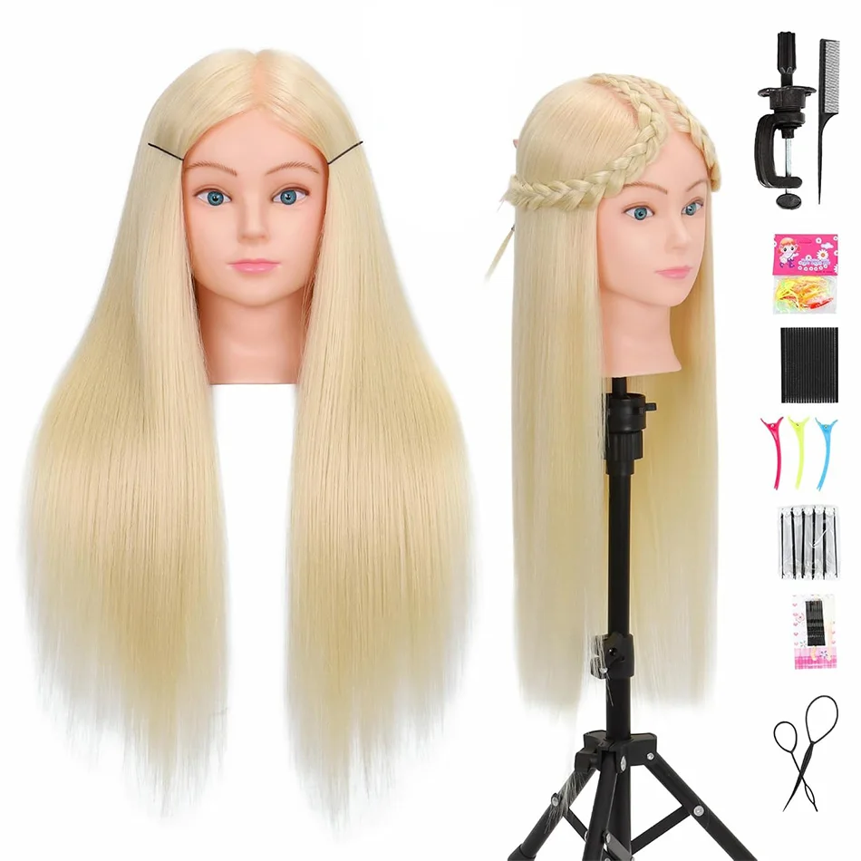 80% Real Human Hair Cosmetology Mannequin Head With 26'-28' Long Straight Blonde Hair For Hairdresser Training Head With Stand