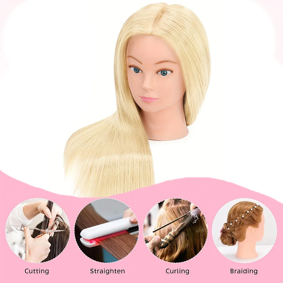 80% Real Human Hair Cosmetology Mannequin Head With 26'-28' Long Straight Blonde Hair For Hairdresser Training Head With Stand thumbnail 4