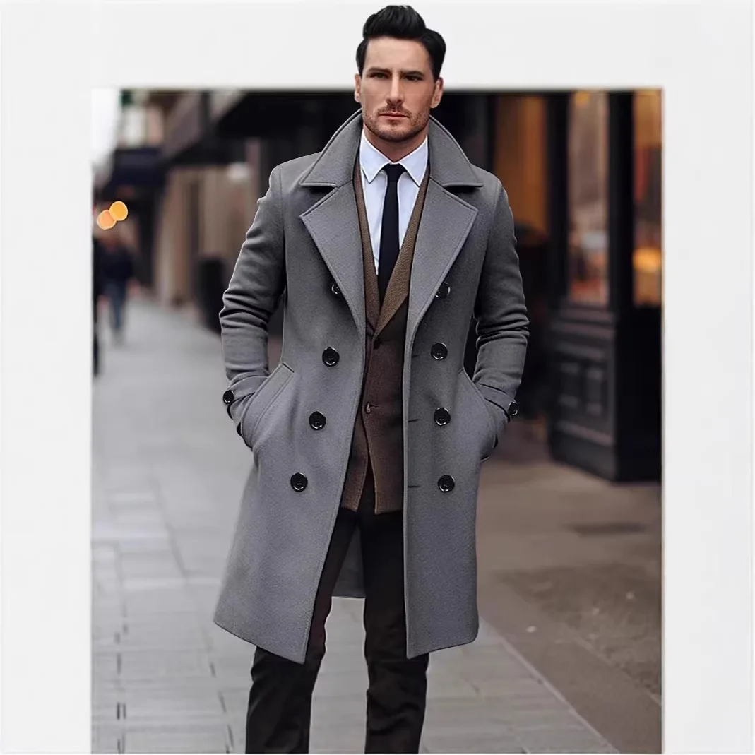 Men's Long Double-breasted Woolen Coat Autumn Winter Slim Fit Fashionable Tailored Men's Outerwear Classic British Style thumbnail 3