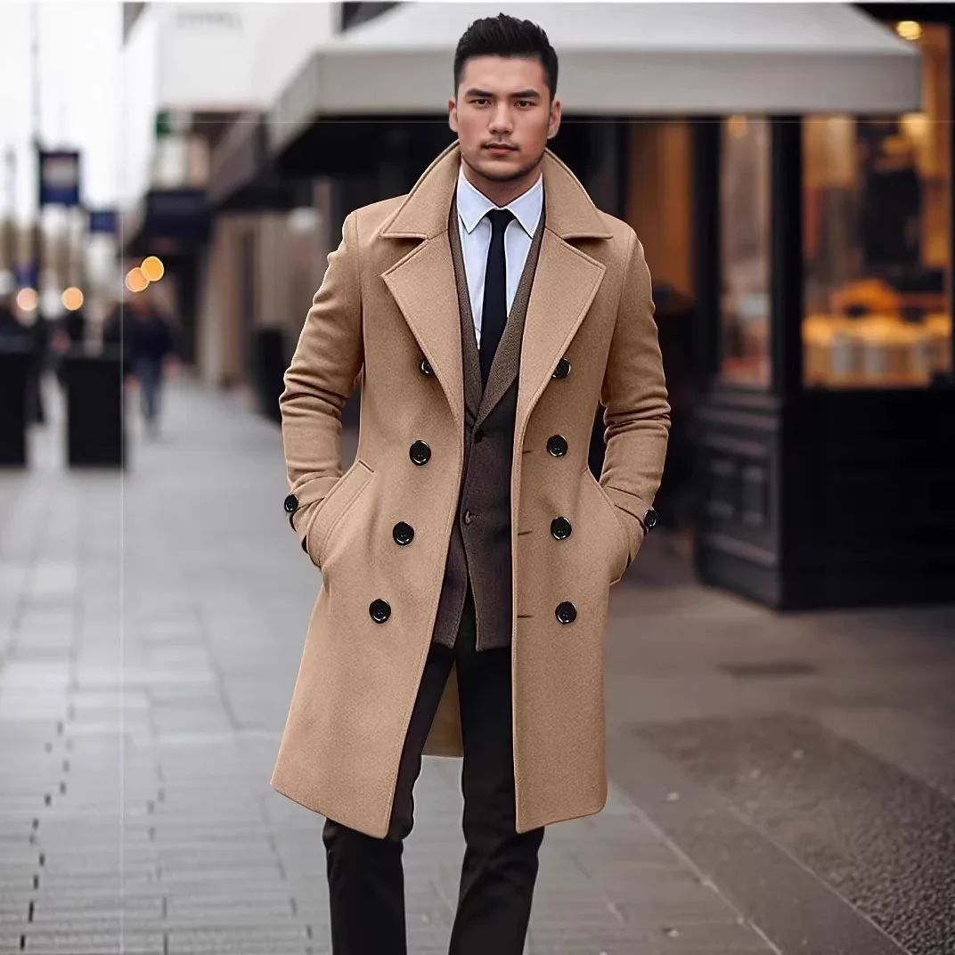 Men's Long Double-breasted Woolen Coat Autumn Winter Slim Fit Fashionable Tailored Men's Outerwear Classic British Style thumbnail 2