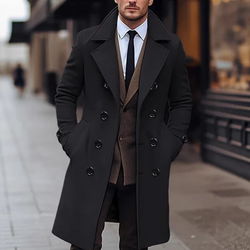 Men's Long Double-breasted Woolen Coat Autumn Winter Slim Fit Fashionable Tailored Men's Outerwear Classic British Style