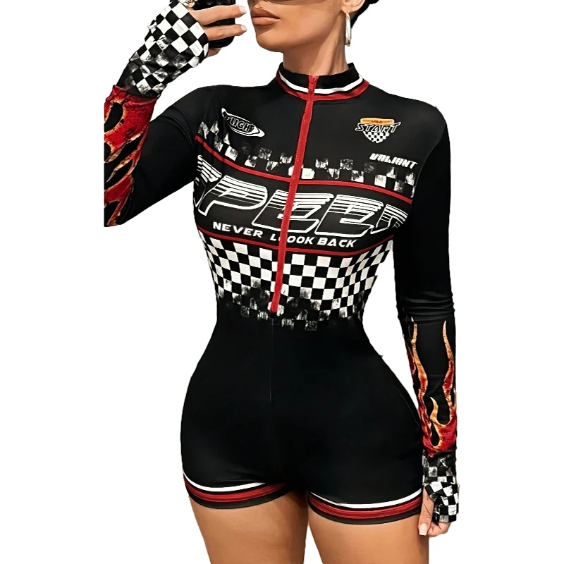 Women's Motorcycle Long Sleeve Romper Y2k Zipper Up Bodycon Jumpsuit Shorts Race Car Streetwear thumbnail 6